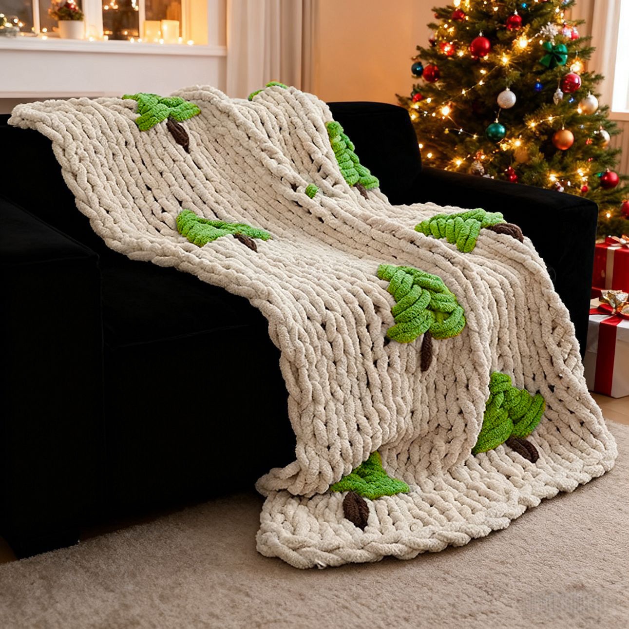 Throw Blanket Chunky Knit - بطانية محبوكة يدويًا للسرير بتصميم شجرة