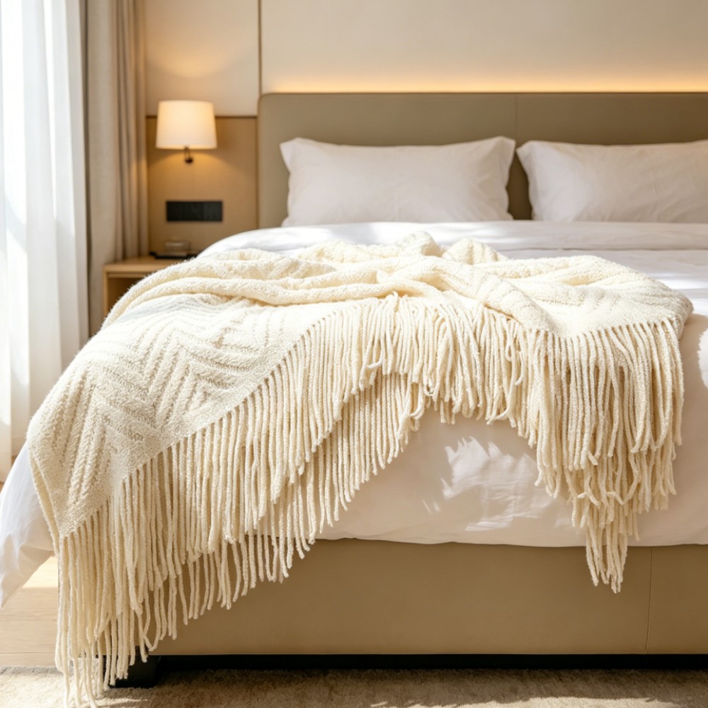 Throw Blanket Chunky Knit - بطانية فاخرة سميكة بلون كريمي، ناعمة